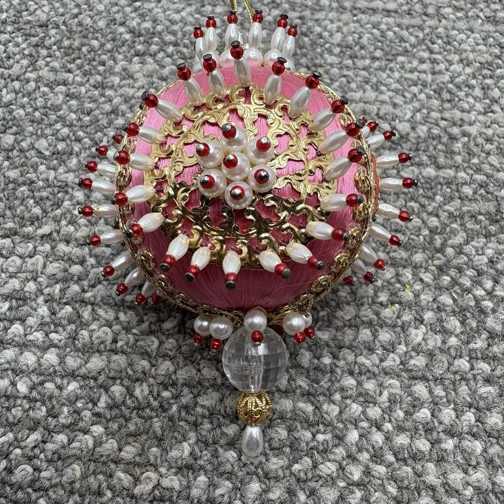 VTG Christmas Ornament PINK Beaded Pins Lace MCM Shiny Round Ball 4.5